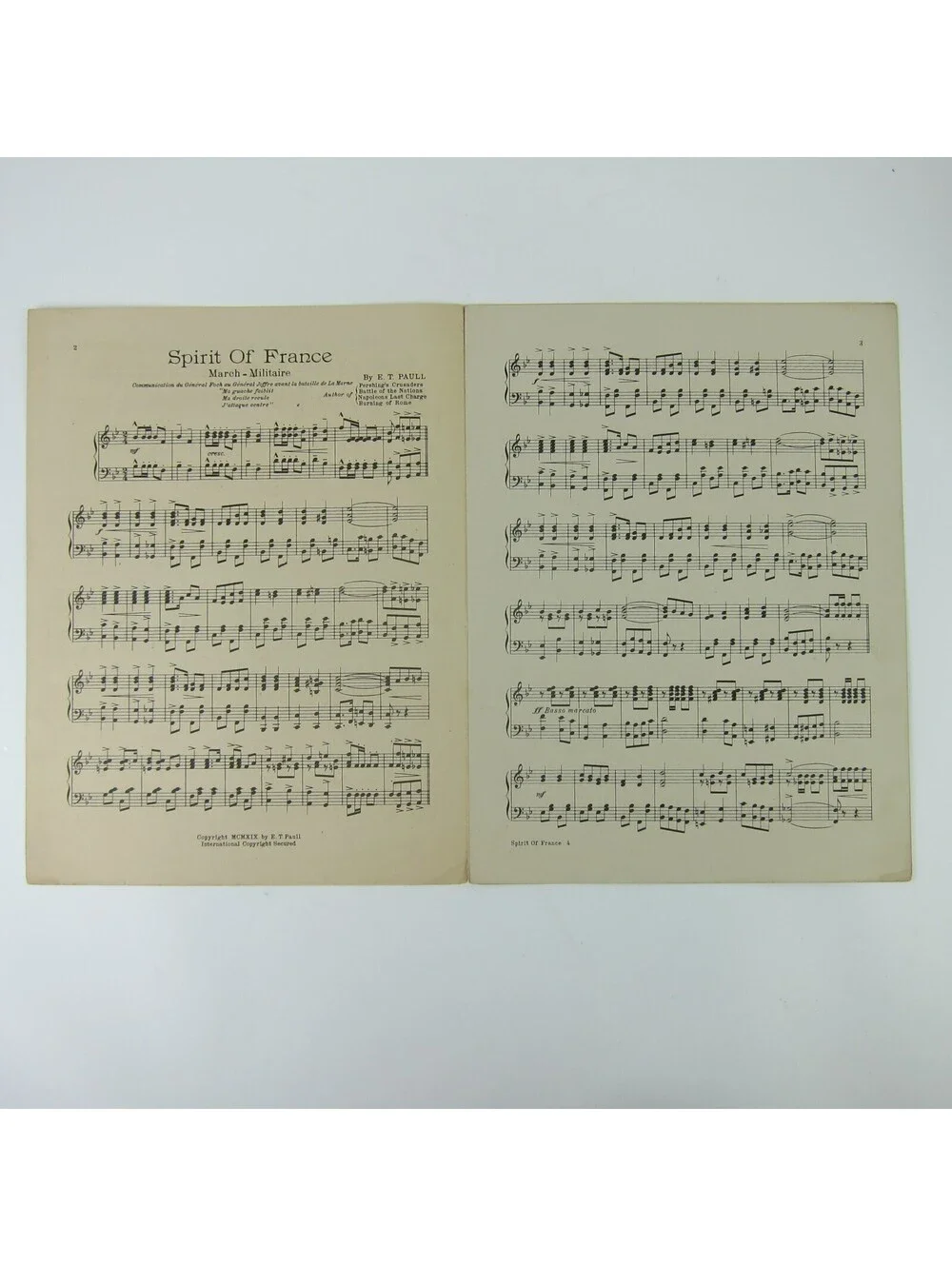 Sheet Music Spirit of France March Militaire E. T. Paull WWI War Antique 1919